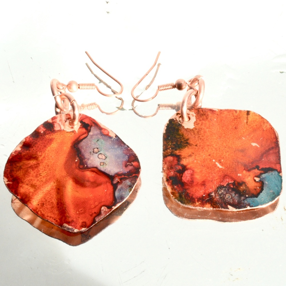 Modernist Red Blue Solid Copper Diamond Earrings Embossed Abstract Geometric - Picture 3 of 6